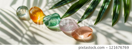 Empty display featuring smooth, colorful translucent stones against a white backdrop, complemented by vibrant green monsteras and palm leaves, spa concept banner 121676769