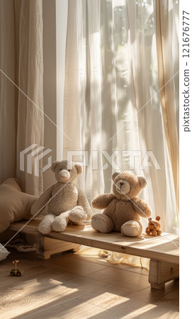 Soft toys such as teddy bears and ducks adorn the children's room, with warm pastel colors and natural materials, the room exudes a soft, cozy charm perfect for a child's space Soft toys such as teddy bears and ducks adorn the children's room, with warm pastel colors and natural materials, the room exudes a soft, cozy charm perfect for a child's space 121676777