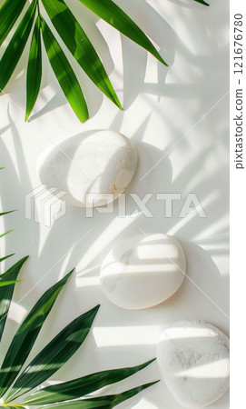White smooth stones lie on a crisp white background, bordered by green monstera and palm leaves, this minimalist arrangement blends purity and lushness, creating a calming visual harmony, spa concept White smooth stones lie on a crisp white background, bordered by green monstera and palm leaves, this minimalist arrangement blends purity and lushness, creating a calming visual harmony, spa concept 121676780