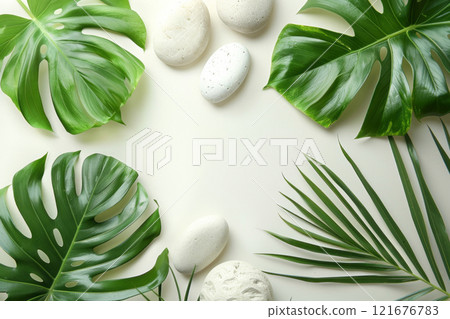 Smooth white stones rest on a pristine white background, flanked by lush green monstera and palm leaves, the serene composition evokes a sense of tranquility and natural beauty, spa concept Smooth white stones rest on a pristine white background, flanked by lush green monstera and palm leaves, the serene composition evokes a sense of tranquility and natural beauty, spa concept 121676783