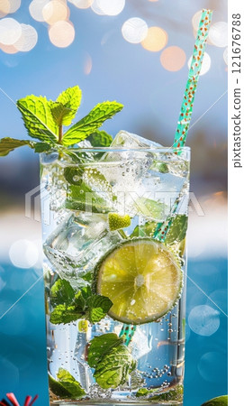 A glass of mojito cocktail, brimming with mint leaves, lime slices, and sparkling bubbles, sits enticingly, the cool, refreshing drink promises a burst of citrusy and minty flavors A glass of mojito cocktail, brimming with mint leaves, lime slices, and sparkling bubbles, sits enticingly, the cool, refreshing drink promises a burst of citrusy and minty flavors 121676788