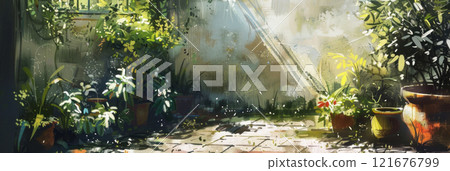 Soft greens and earthy hues define a watercolor portrayal of a small garden, where healthy yet imperfect plants flourish, the scene radiates tranquility and a sense of nurturing care, banner Soft greens and earthy hues define a watercolor portrayal of a small garden, where healthy yet imperfect plants flourish, the scene radiates tranquility and a sense of nurturing care, banner 121676799
