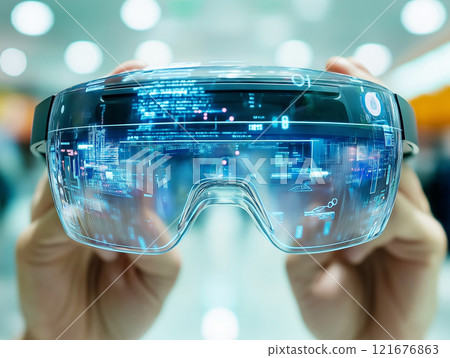 Close-up view of augmented reality glasses displaying digital holographic data 121676863