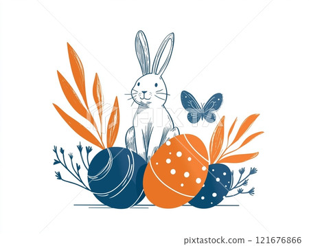 Whimsical bunny surrounded by decorated eggs and floral elements Whimsical bunny surrounded by decorated eggs and floral elements 121676866