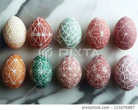 A collection of decorated Easter eggs with intricate geometric patterns 121676867