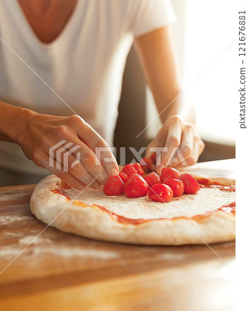 Hands arranging cherry tomatoes on pizza dough in a sunlit kitchen setting 121676881