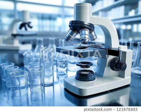 Close-up of a modern microscope on a laboratory table surrounded by glass beakers 121676883