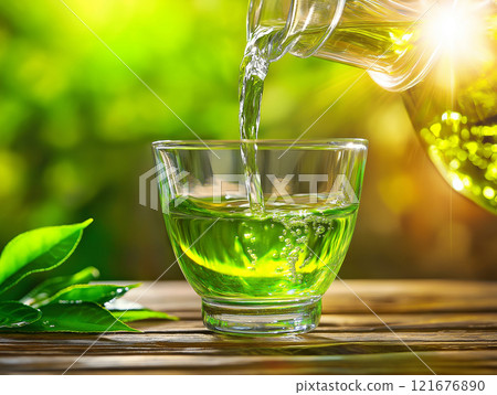 Fresh green tea being poured into a glass cup 121676890