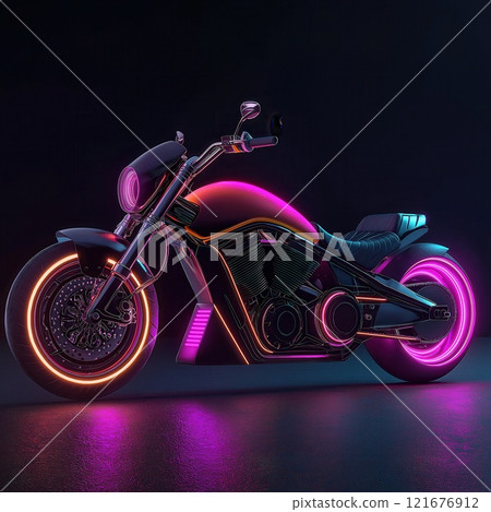 Concept Design, Post Modern Electric Custom Chopper Motorcycle at Dawn Brutalist Style with Neon Gradient Background 121676912