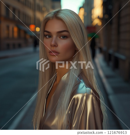 Stunning Fashion Shot of Model in Satin Designer Wear at Dawn to Night in Stockholm Streets 121676913
