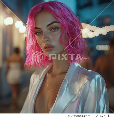 Stunning Model with Pink Hair in White Satin Summer Fashion in Buenos Aires Streets at Dawn with Vibrant Party Atmosphere Stunning Model with Pink Hair in White Satin Summer Fashion in Buenos Aires Streets at Dawn with Vibrant Party Atmosphere 121676919