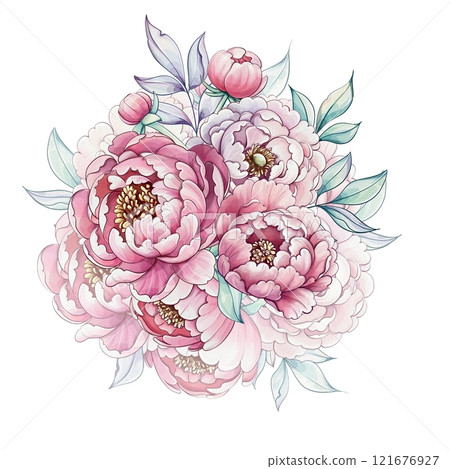 Soft pink peonies bloom vibrantly among lush green leaves, capturing the essence of springs gentle elegance through watercolor artistry Soft pink peonies bloom vibrantly among lush green leaves, capturing the essence of springs gentle elegance through watercolor artistry 121676927