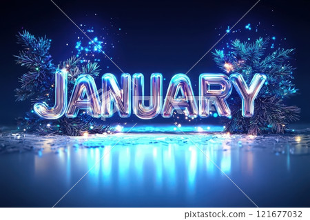 A winter-themed decoration features the word January in bold, glowing letters, surrounded by sparkling lights and festive greenery. The setting evokes a cheerful, cold season atmosphere. 121677032