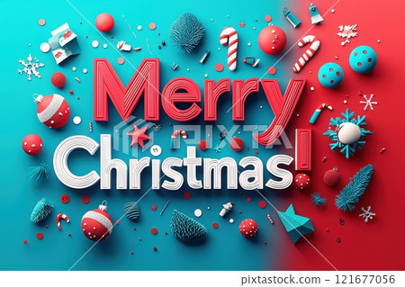 Brightly colored Christmas decorations spread across a teal and red backdrop, featuring various ornaments, candy canes, and festive elements, conveying a joyful holiday spirit. 121677056