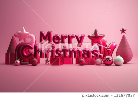 A cheerful Christmas setup features vibrant pink decorations including stars, trees, ornaments, and wrapped gifts, creating a joyful holiday atmosphere. 121677057