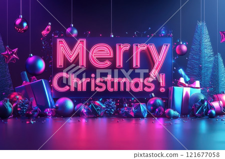 A bright neon sign reads Merry Christmas, surrounded by colorful ornaments, shiny gifts, and a decorated tree. The scene is illuminated with a playful blue and pink glow, creating a joyful atmosphere. 121677058