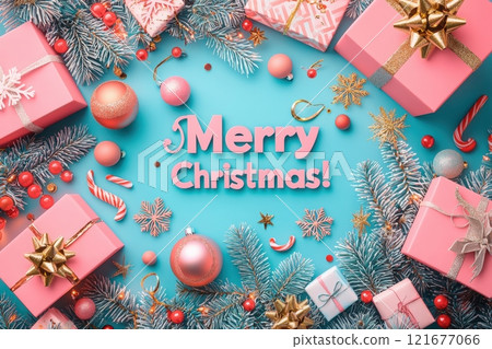 Festive decorations featuring pink gifts, shiny ornaments, and sparkling snowflakes are arranged on a bright blue background, creating a cheerful holiday atmosphere for Christmas celebrations. 121677066