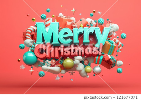 Bold lettering of Merry Christmas stands out against a vibrant background filled with ornaments and presents. The festive arrangement creates a joyful holiday atmosphere. 121677071