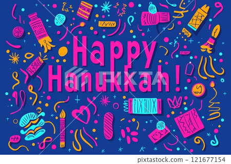 Colorful decorations fill the background, featuring cheerful designs and symbols of Hanukkah. The phrase Happy Hanukkah! stands out prominently, capturing the festive spirit. Colorful decorations fill the background, featuring cheerful designs and symbols of Hanukkah. The phrase Happy Hanukkah! stands out prominently, capturing the festive spirit. 121677154