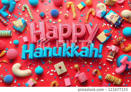 A vibrant display featuring the phrase Happy Hanukkah surrounded by various colorful gifts and decorations. The joyful arrangement captures the spirit of the holiday celebration. 121677155