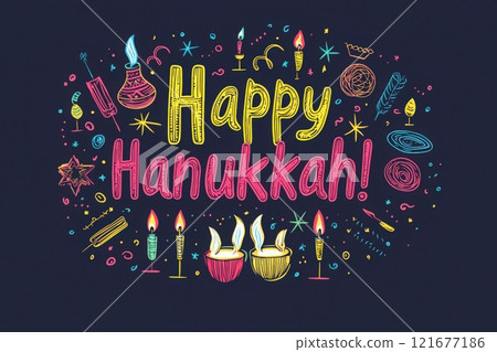 Bright and cheerful greeting celebrating Hanukkah, featuring vibrant colors, candles, and traditional symbols. The design creates a joyful atmosphere perfect for the holiday season. Bright and cheerful greeting celebrating Hanukkah, featuring vibrant colors, candles, and traditional symbols. The design creates a joyful atmosphere perfect for the holiday season. 121677186