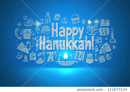 Colorful illustrations celebrate Hanukkah, featuring a menorah, dreidels, and traditional symbols. The cheerful display radiates a joyful atmosphere, capturing the spirit of the holiday. 121677224
