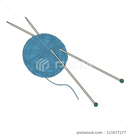 Ball Of Blue Yarn With Knitting Needles on white background 121677277