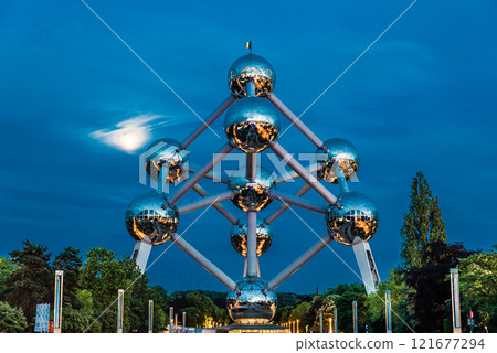 The Atomium monument by night with led light decorations and a blue sky, Brussels Capital Region, Belgium The Atomium monument by night with led light decorations and a blue sky, Brussels Capital Region, Belgium 121677294