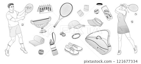man and women in tennis uniform with tennis racket and tennis equipment set, racket, ball, shoes, bag, tennis strings, vibration dampener, towel, wristbands man and women in tennis uniform with tennis racket and tennis equipment set, racket, ball, shoes, bag, tennis strings, vibration dampener, towel, wristbands 121677334