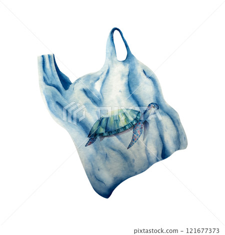 Sea turtle in plastic bag. Watercolor hand drawn cellophane illustration isolated on background. Agriculture, organic gardening, planting or ecology. Environmental, earth day. For designers, postcards 121677373
