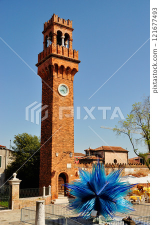 Italy, Venice Lagoon, Murano Island, Clock Tower and Glass Sculpture 121677493
