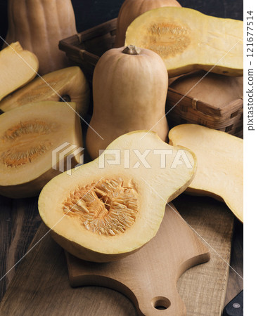 pumpkin and piece of pumpkin. Pumpkin Soup Ingredients.Copyspace. Top view. Healthy and natural food. Agriculture 121677514
