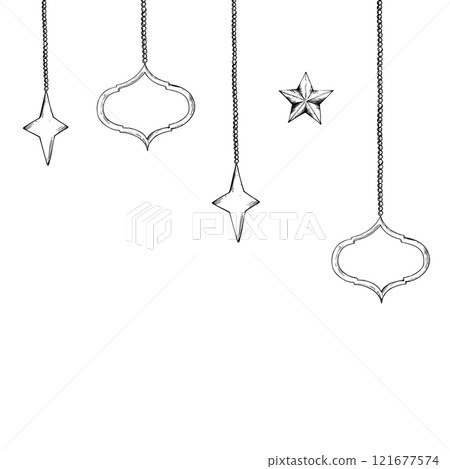 Vector frame with Moroccan arabian mosaic, crescent stars on chains. Graphic illustration isolated on white background. Muslim hand drawn line sketch, holiday Ramadan Kareem or Eid Al Adha 2025. For 121677574