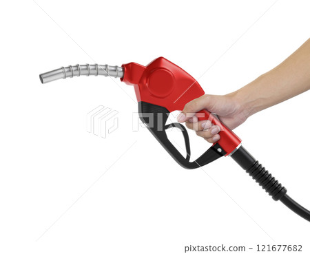 Hands holding Fuel red nozzle with hose isolated on white background 121677682