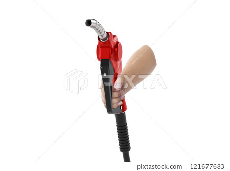 Hands holding Fuel red nozzle with hose isolated on white background 121677683