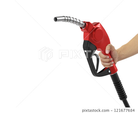 Hands holding Fuel red nozzle with hose isolated on white background 121677684