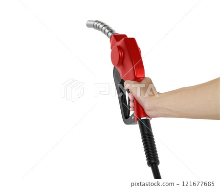 Hands holding Fuel red nozzle with hose isolated on white background 121677685