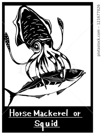 一幅黑白剪紙插圖，描繪了竹莢魚在海中被烏賊捕食的絕望時刻 121677826