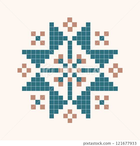 Geometric abstract a cross stitch pattern with blue and brown squares. Snowflake pixel art. Christmas and New Year decoration. Vector illustration 121677933