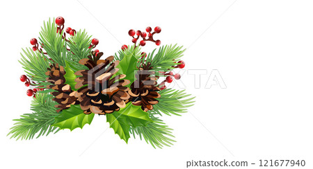 Isolated composition with with fir branches, berries, mistletoe, bows, heart,holly, red berries,Christmas design element Isolated composition with with fir branches, berries, mistletoe, bows, heart,holly, red berries,Christmas design element 121677940