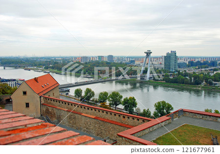Slovak Republic: A bird's-eye view of the New Bridge over the Danube from Bratislava Castle 121677961