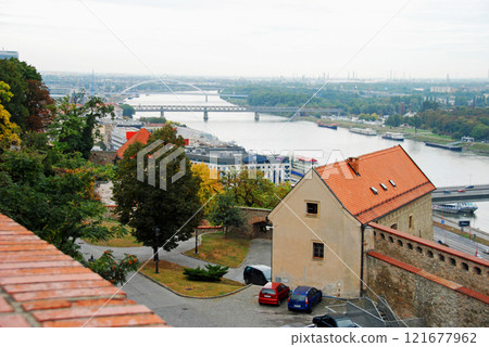 Slovak Republic: View of the Danube River flowing through the capital from Bratislava Castle Slovak Republic: View of the Danube River flowing through the capital from Bratislava Castle 121677962
