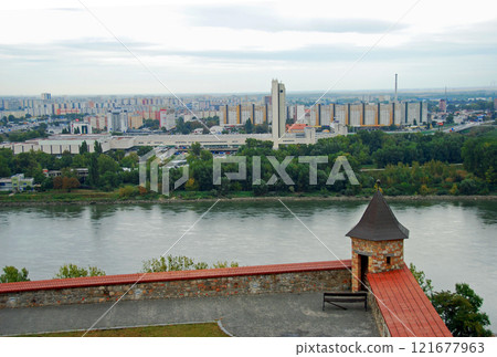 Slovak Republic: View of the capital city from Bratislava Castle across the Danube 121677963