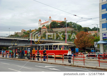 Slovak Republic, capital city Bratislava, tram stop, Bratislava Castle Slovak Republic, capital city Bratislava, tram stop, Bratislava Castle 121677964