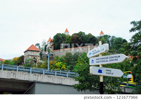 View of Bratislava Castle from a tram stop in Bratislava, the capital of the Slovak Republic 121677966