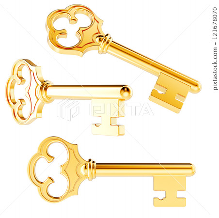 Golden key. Different views and angles, 3D rendering 121678070