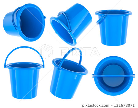 Kids plastic bucket, blue color. Different views and angles. 3D rendering 121678071