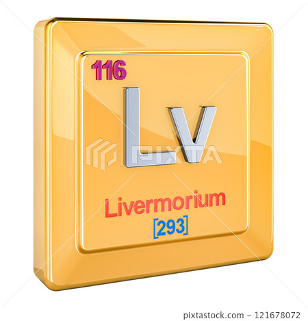 Livermorium Lv, chemical element sign with number 116 in periodic table. 3D rendering 121678072