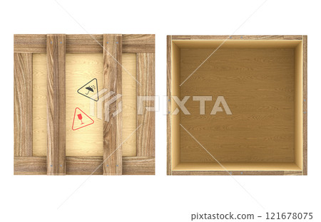 Opened and closed wood crates, parcels. Top view. Wooden boxes. 3D rendering 121678075