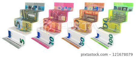 Staircases from euro banknotes. 5, 10, 50, 100 euro. 3D rendering 121678079